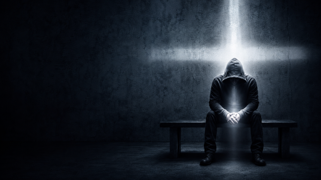 A hooded figure standing alone in low light, seen from behind — can a Christian listen to secular metal?