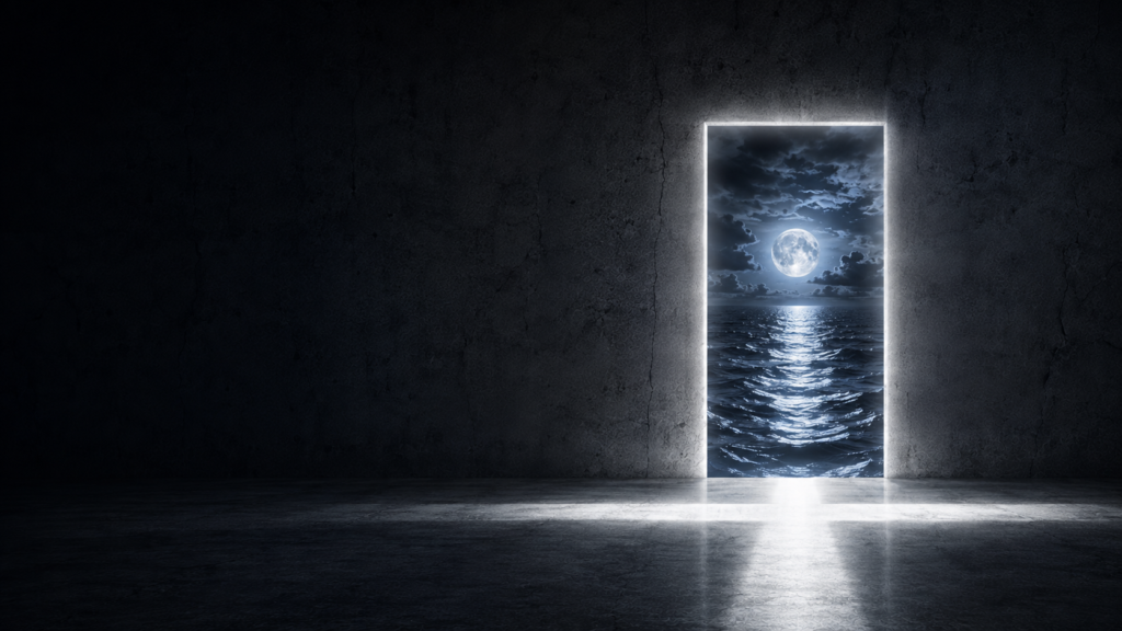A dark doorway opening onto a moonlit ocean, light spilling through the frame — Christian music for hard times.