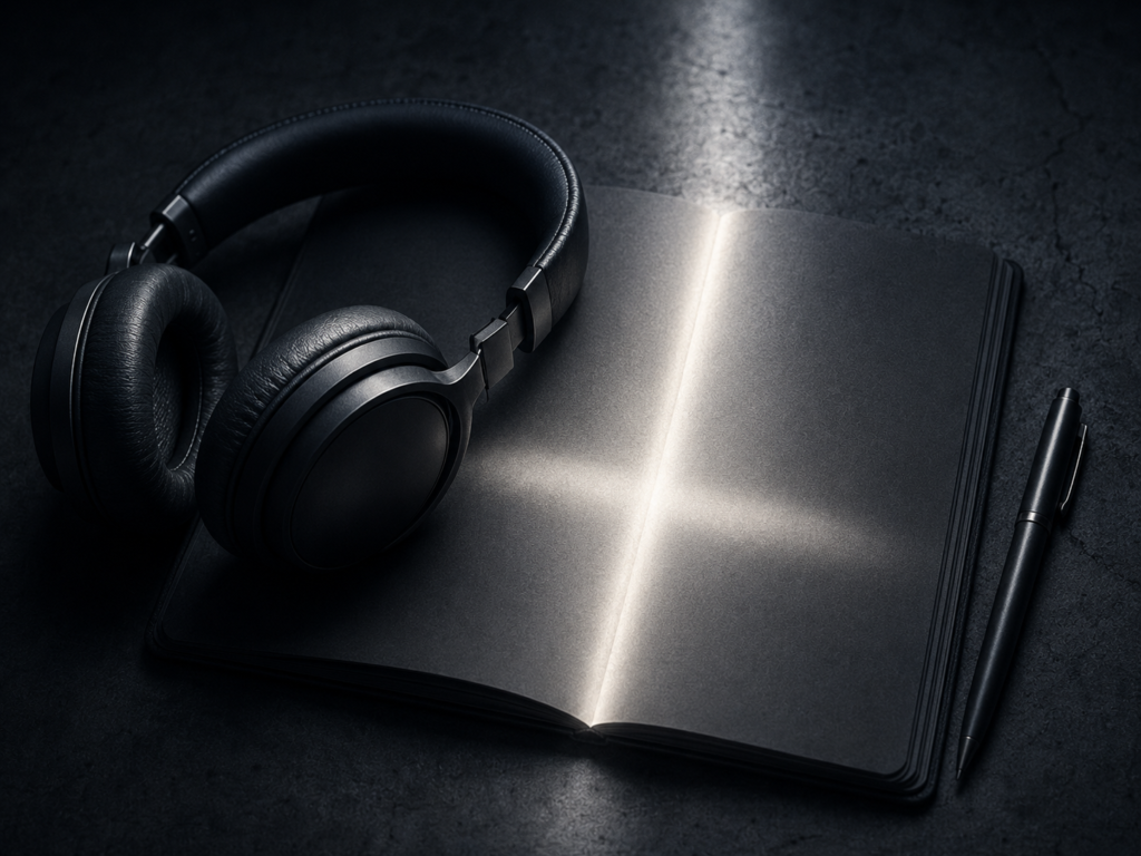 Headphones and a pen on a dark desk — writing the AI-produced Christian music behind Rise Through Faith.