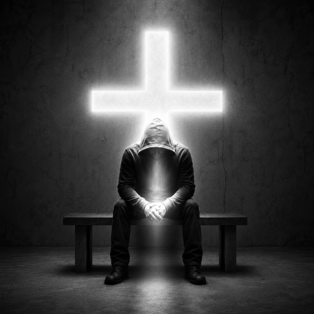 A glowing cross standing in darkness, lit from behind — illustrating a discussion of AI Christian music and worship.