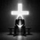 Rise Through Faith — a hooded figure sitting with head bowed before a glowing cross.