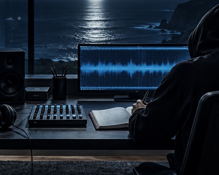 A studio desk at night with speakers, headphones and a monitor showing an audio waveform
