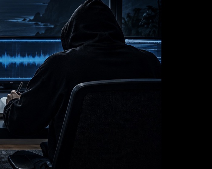 A hooded figure seated at the studio desk, seen from behind