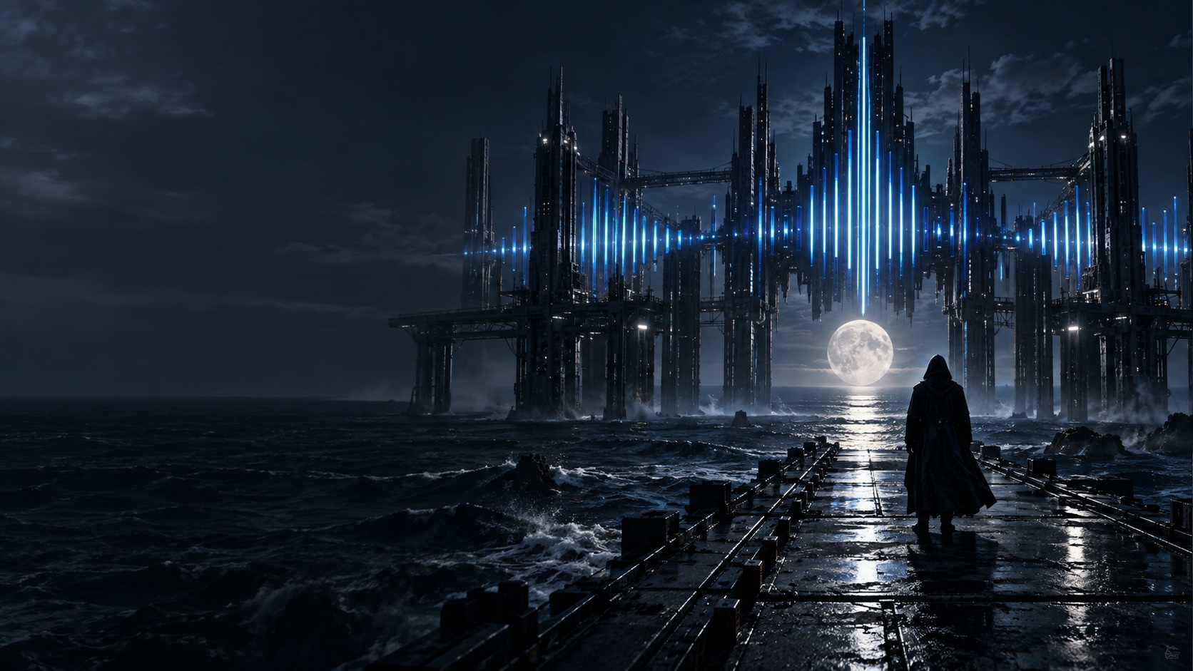 A lone figure on a pier facing a vast structure of blue light above a night sea